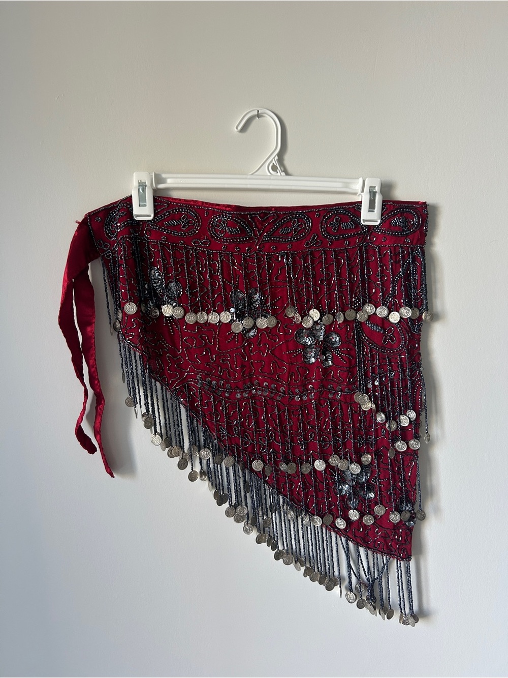 Beaded Coin Fringe Hip Scarf - Red